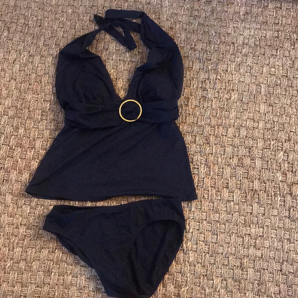 Beautiful navy blue 2 piece bathing suit by Ralph Lauren. Deep V neck.